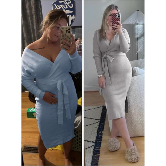 Women's Sweater Dress Wrap Batwing V Neck Slit Bodycon Dress with Belt Blue - Picture 7 of 7